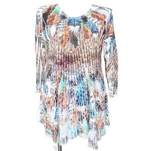 Cactus Southwest Feathers Beaded Hankie Hem Made in USA Tunic Top Size XL